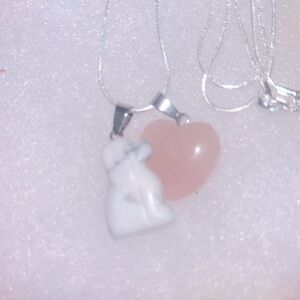 Boho Hippie Howlite Dog & Rose Quartz heart Sterling Silver Necklace 30”